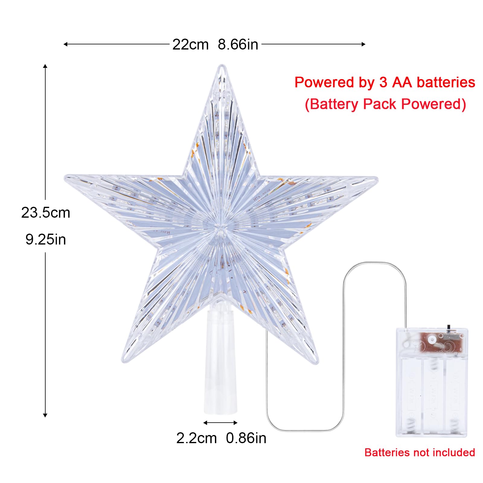 Warm White LED Star Christmas Tree Topper – Battery Operated Holiday Tree Décor (8.7)