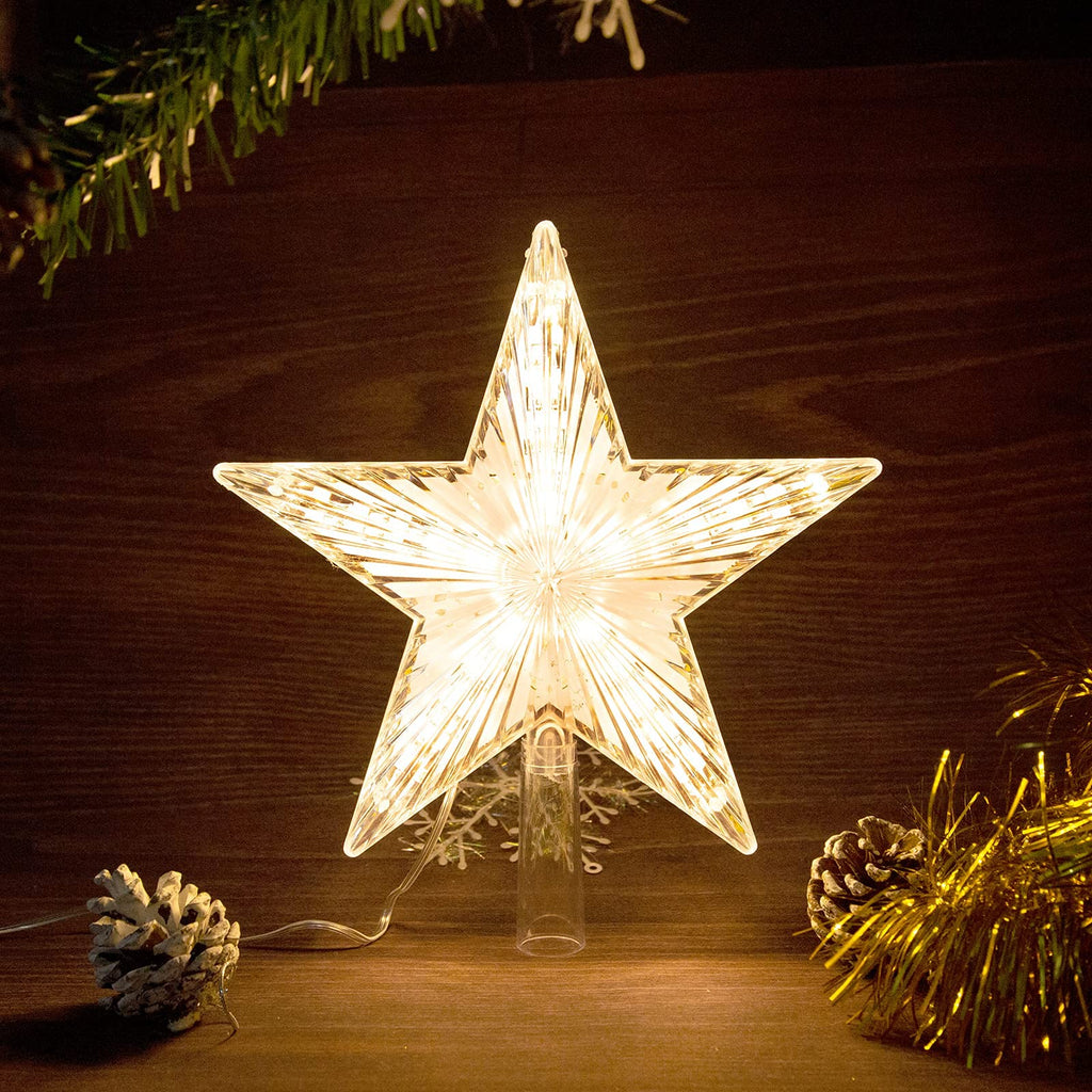 Warm White LED Star Christmas Tree Topper – Battery Operated Holiday Tree Décor (8.7)