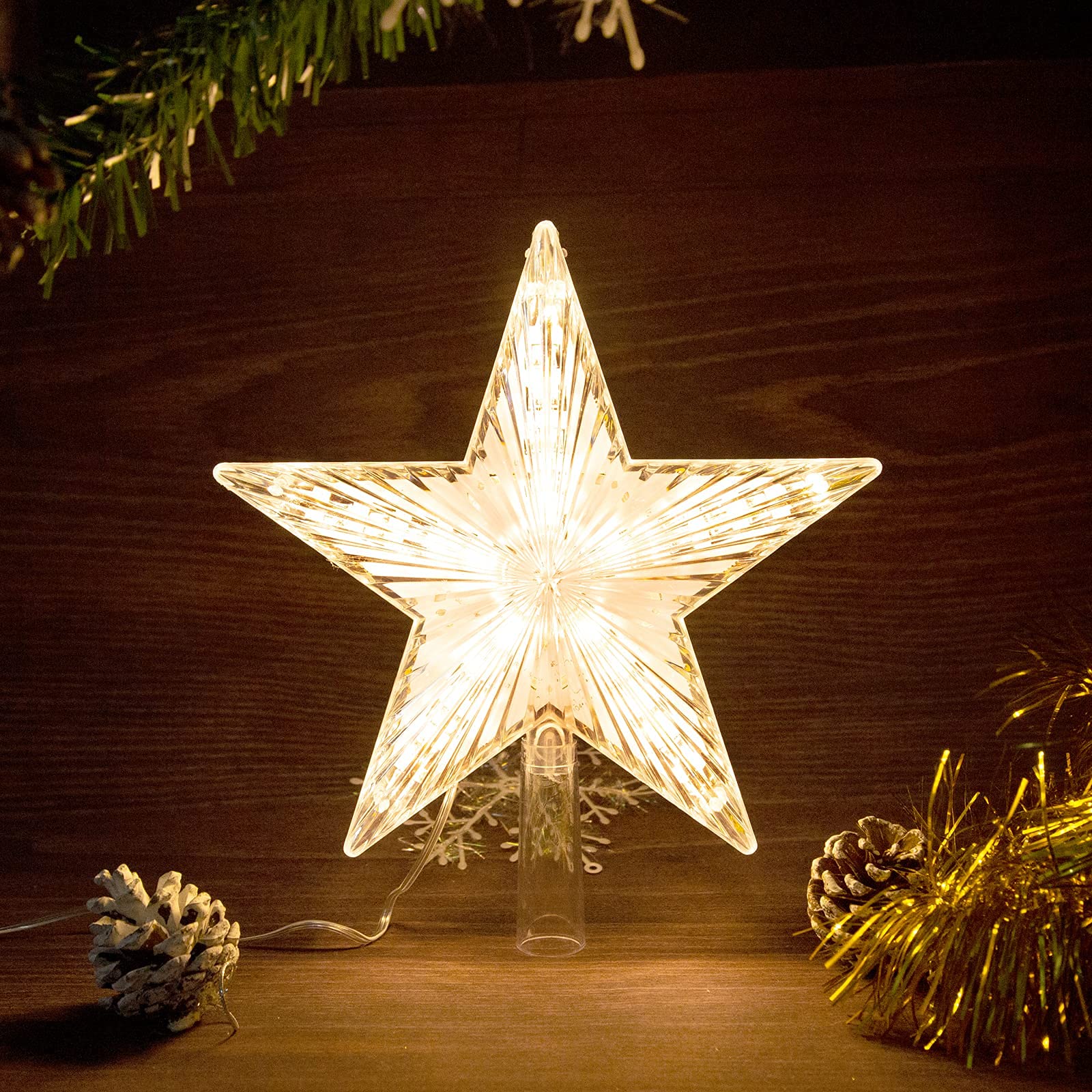 Warm White LED Star Christmas Tree Topper – Battery Operated Holiday Tree Décor (8.7)