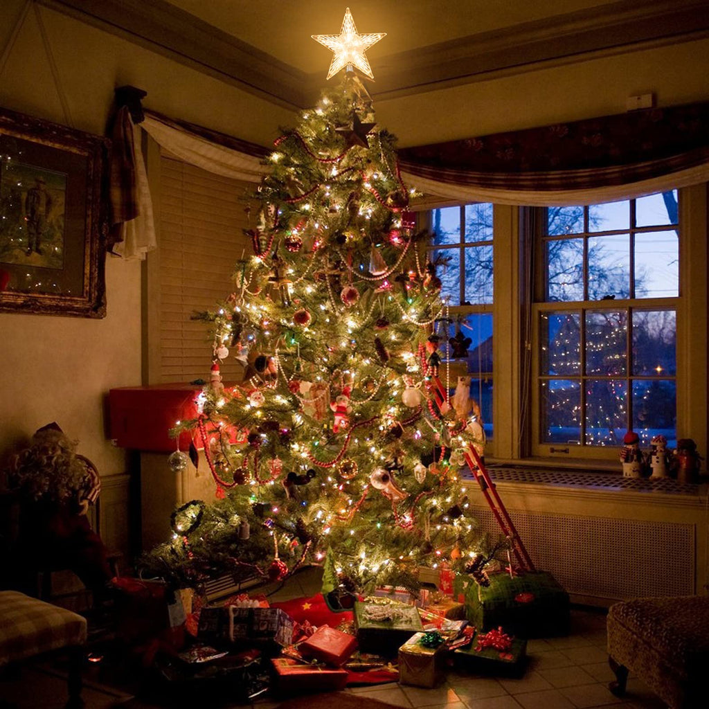 Warm White LED Star Christmas Tree Topper – Battery Operated Holiday Tree Décor (8.7)