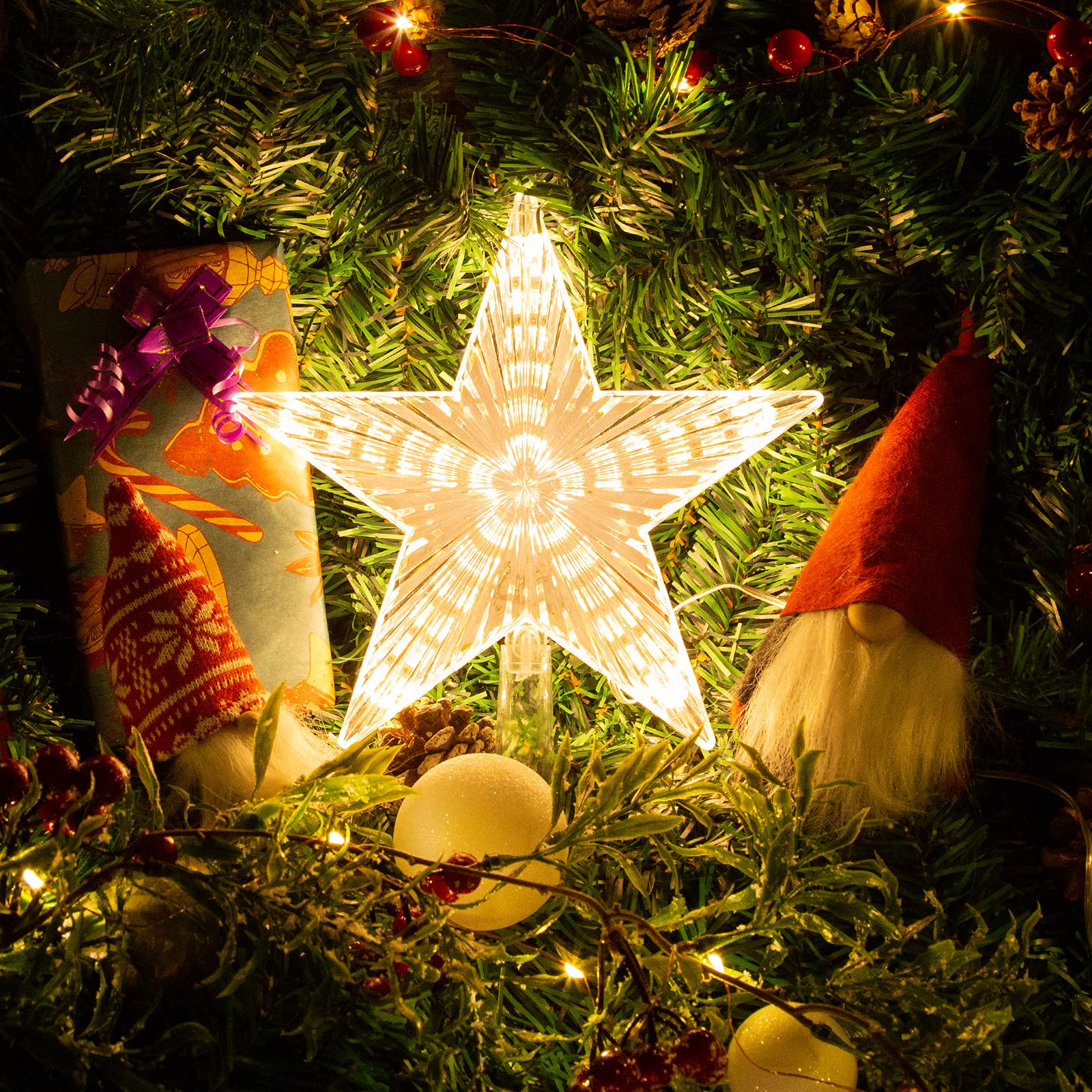 Warm White LED Star Christmas Tree Topper – Battery Operated Holiday Tree Décor (8.7)