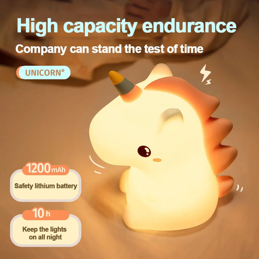 Unicorn Cute Silicone LED Night Light for Kids – USB Rechargeable Cartoon Animal Touch Lamp, Perfect Bedroom Décor & Gift