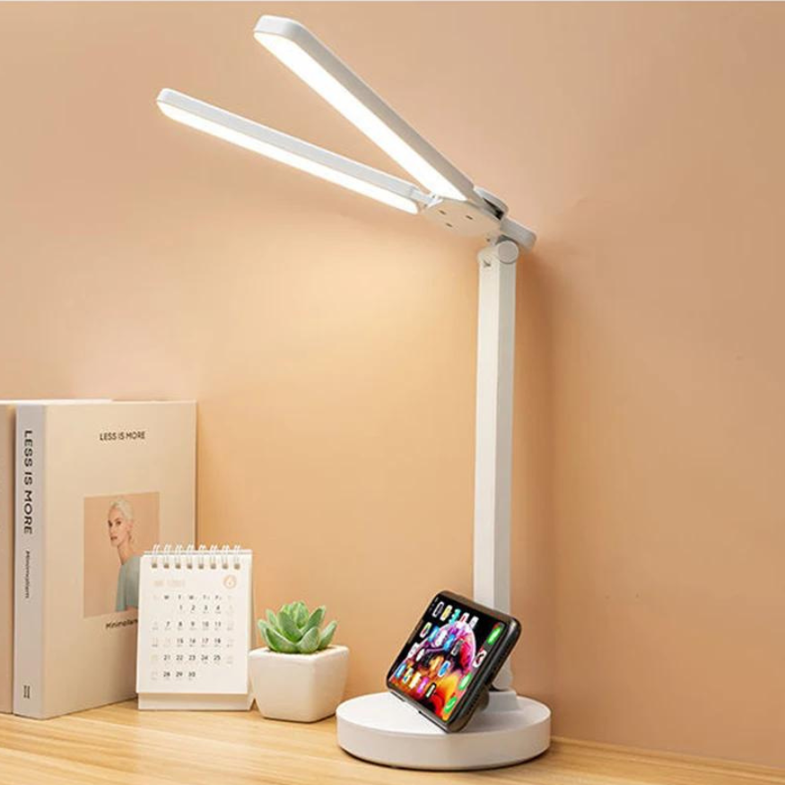 Double-Ended LED Desk Lamp – Foldable Table Lamp with Adjustable Brightness, USB Powered, Organizer Base