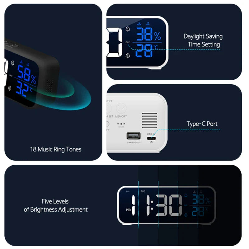 Digital Alarm Clock with Temperature & Humidity – Electronic Table Clock with Dual Alarms