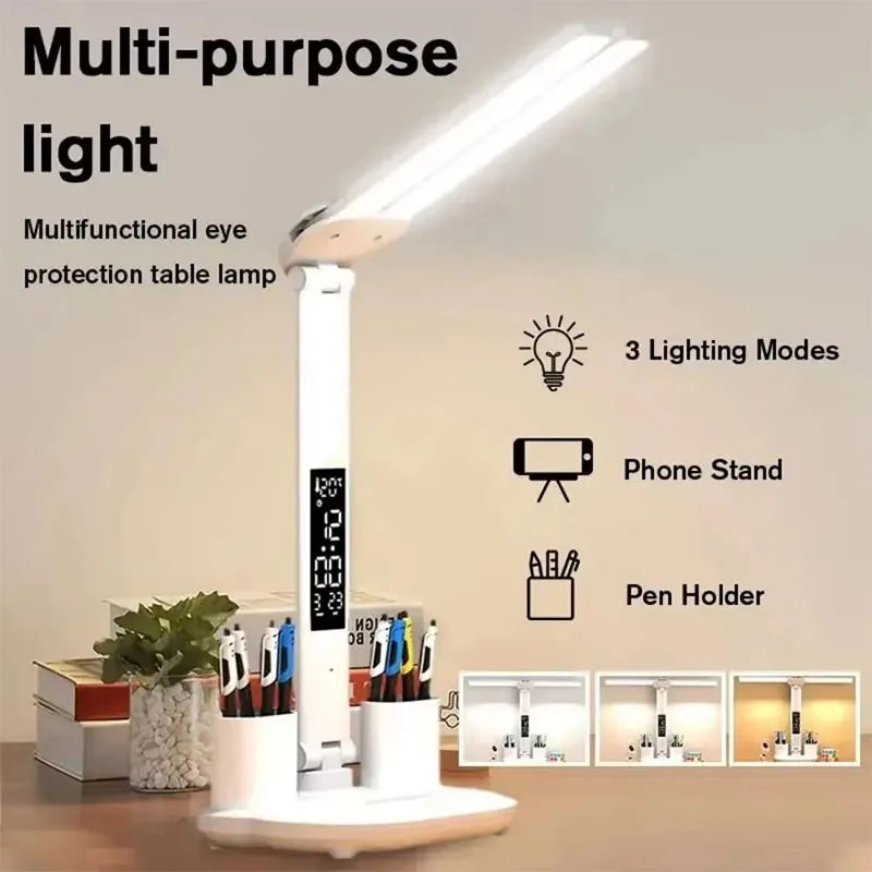 LED Clock Table Lamp – USB Rechargeable, Foldable, Dimmable Desk Lamp with Eye Protection, 2 Adjustable Heads