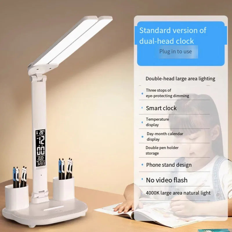 LED Clock Table Lamp – USB Rechargeable, Foldable, Dimmable Desk Lamp with Eye Protection, 2 Adjustable Heads