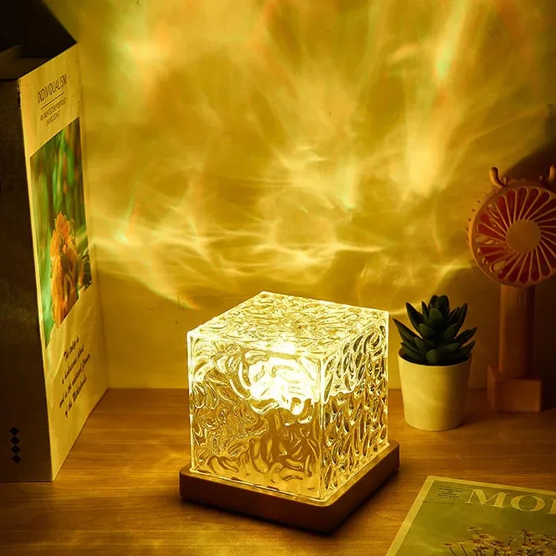 LED Water Ripple Ambient Night Light – Rotating Crystal Projection Table Lamp with 16 Colors