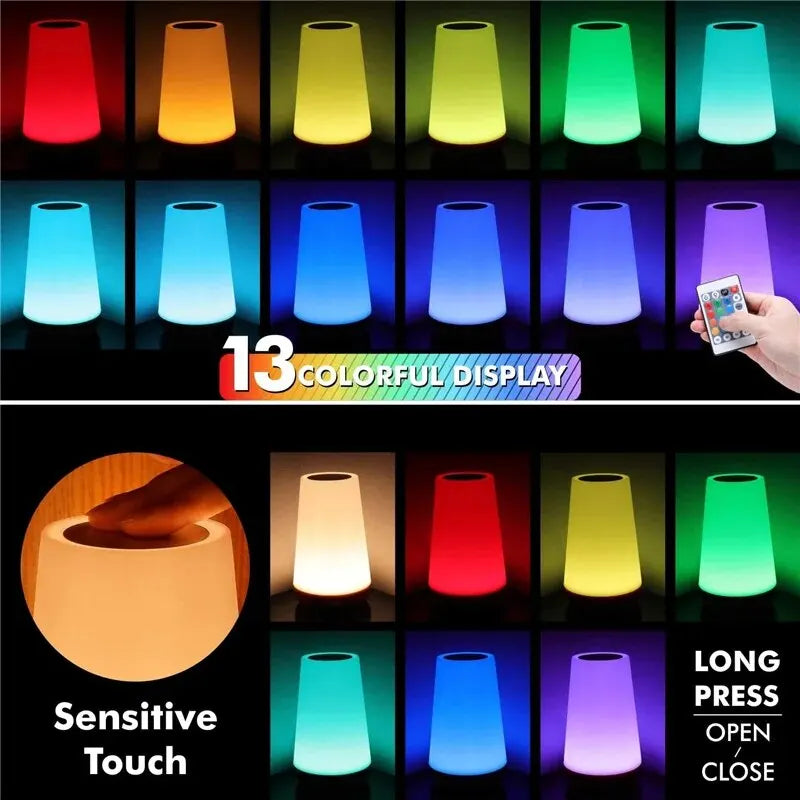 USB Rechargeable RGB Night Light with Remote Control – 13 Colors, Adjustable Brightness, Portable Table Lamp