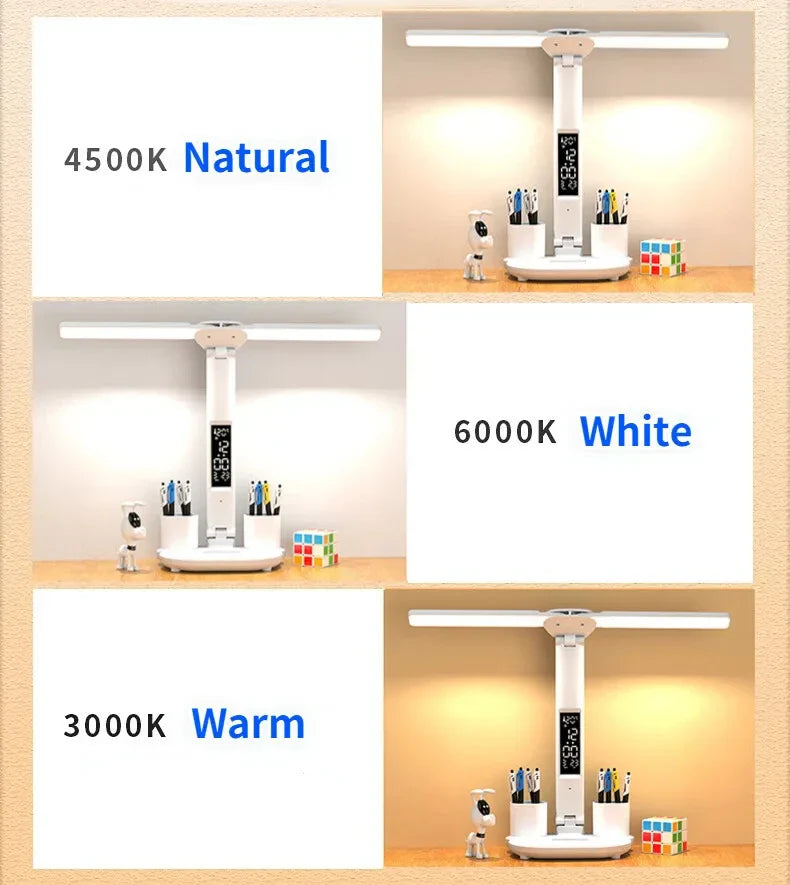 LED Clock Table Lamp – USB Rechargeable, Foldable, Dimmable Desk Lamp with Eye Protection, 2 Adjustable Heads