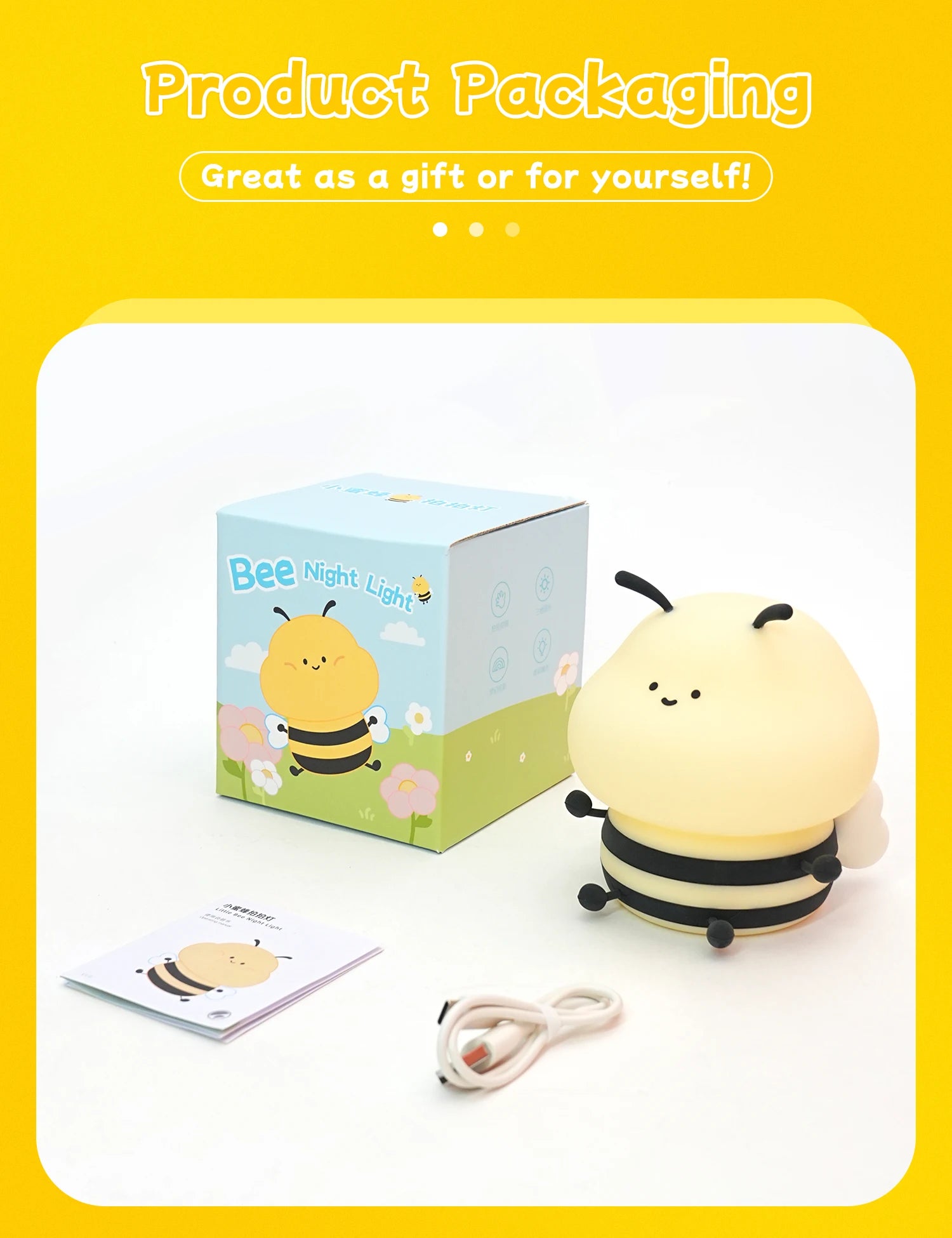 Long-Lasting Cute Bee LED Night Light | 120-Hour Battery, Silicone Touch Lamp for Kids & Décor