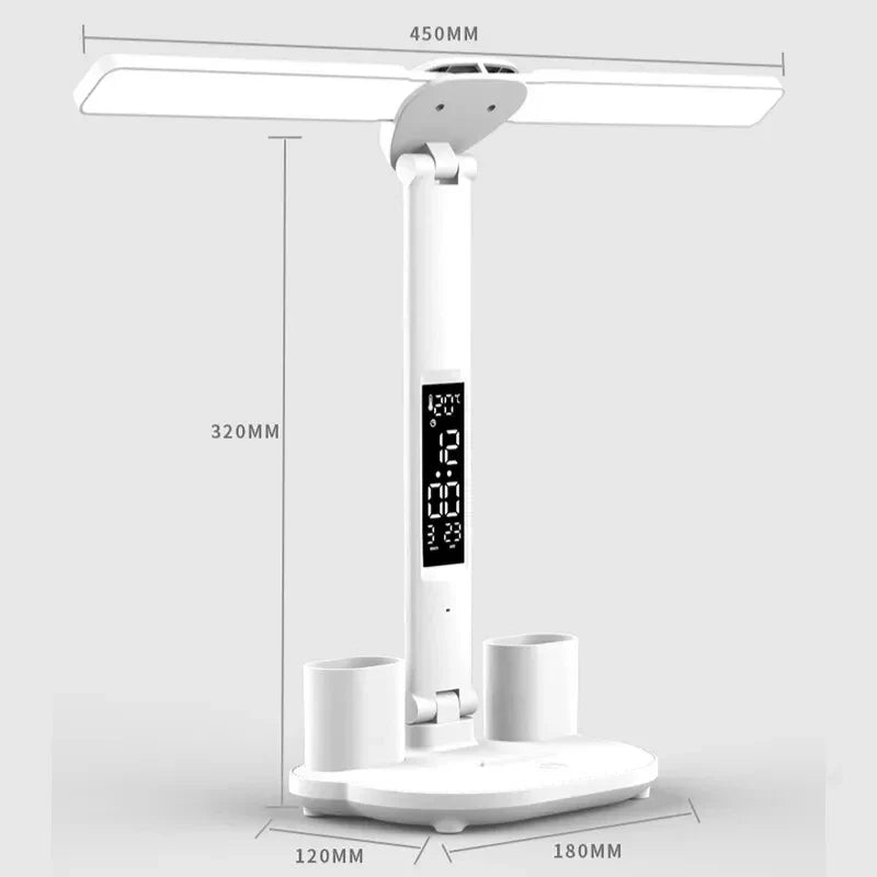 LED Clock Table Lamp – USB Rechargeable, Foldable, Dimmable Desk Lamp with Eye Protection, 2 Adjustable Heads