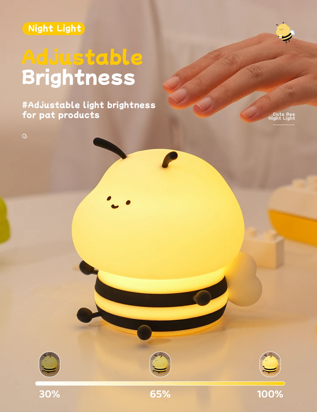 Long-Lasting Cute Bee LED Night Light | 120-Hour Battery, Silicone Touch Lamp for Kids & Décor