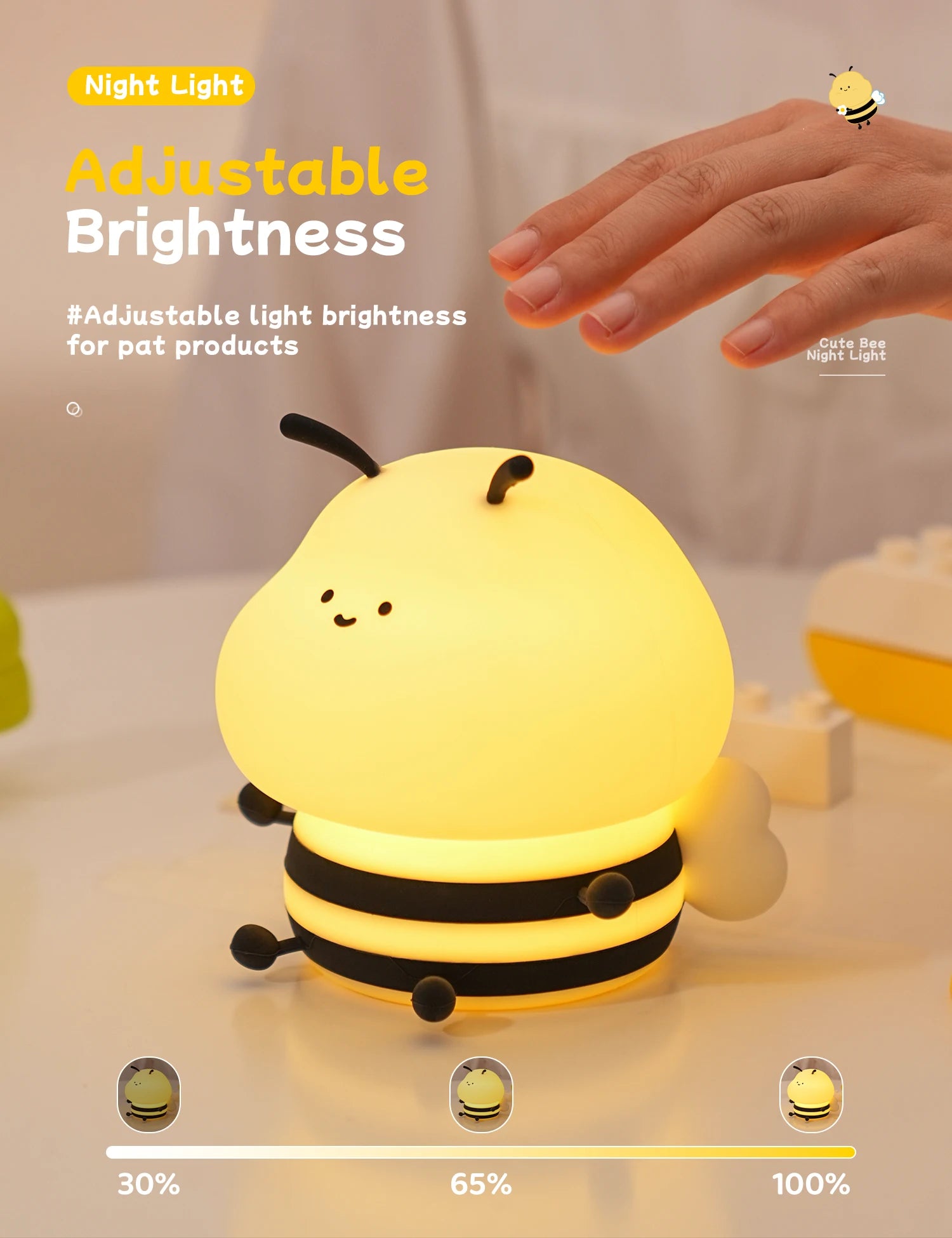 Long-Lasting Cute Bee LED Night Light | 120-Hour Battery, Silicone Touch Lamp for Kids & Décor