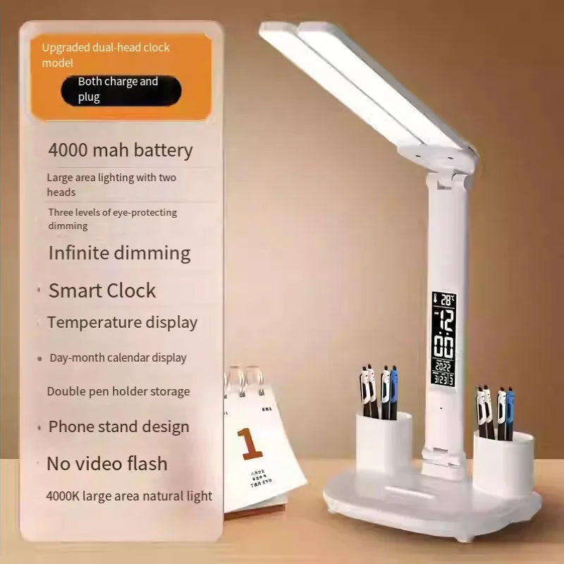 LED Clock Table Lamp – USB Rechargeable, Foldable, Dimmable Desk Lamp with Eye Protection, 2 Adjustable Heads