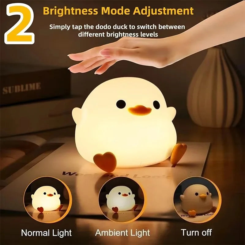 LED Night Light Cute Duck Cartoon Animal Silicone Lamp – Touch Sensor, USB Rechargeable, Perfect Birthday Gift for Kids