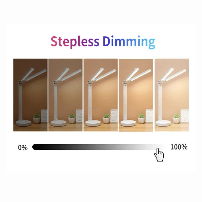 LED Clock Table Lamp – USB Rechargeable, Foldable, Dimmable Desk Lamp with Eye Protection, 2 Adjustable Heads