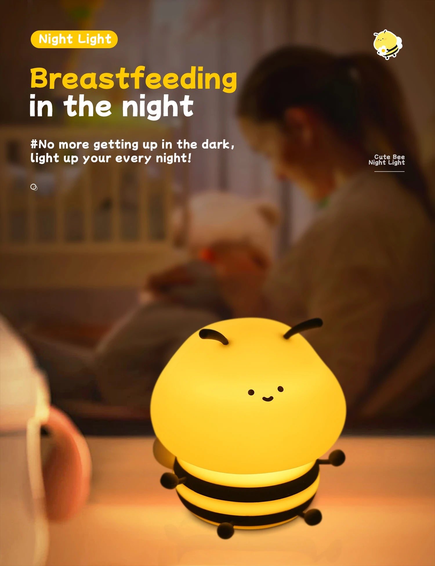 Long-Lasting Cute Bee LED Night Light | 120-Hour Battery, Silicone Touch Lamp for Kids & Décor
