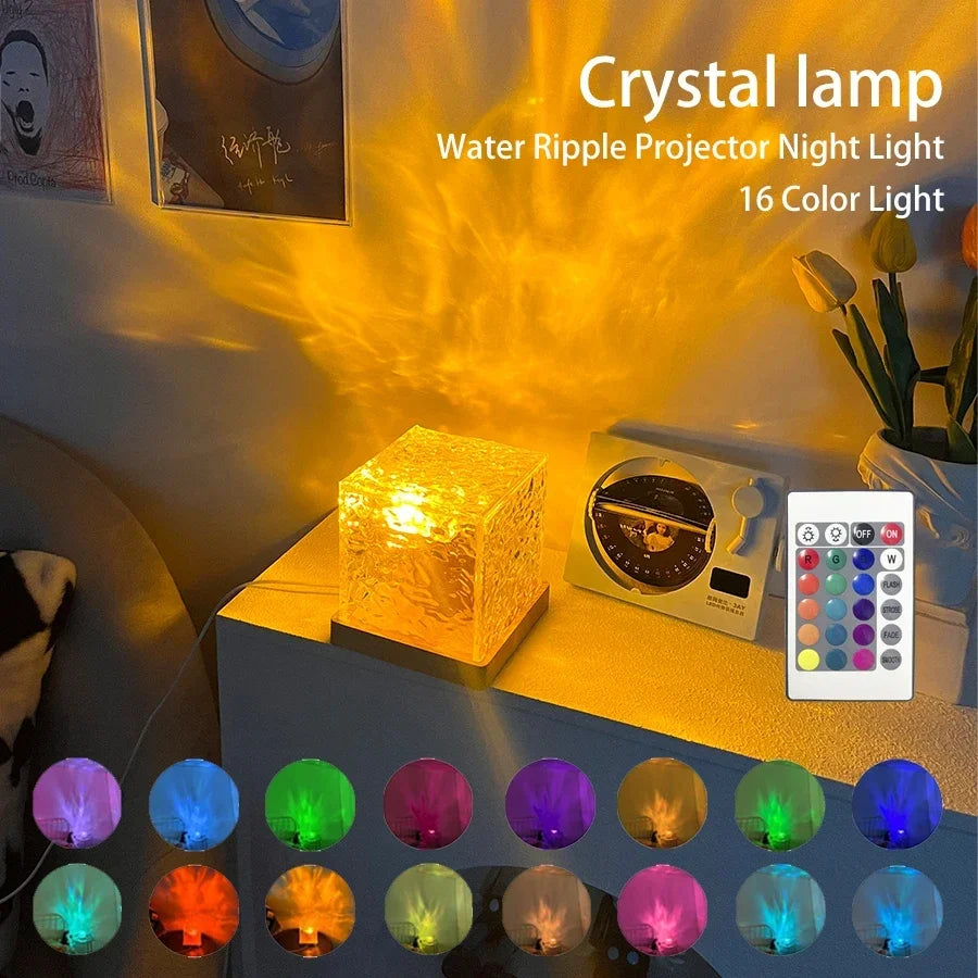 LED Water Ripple Ambient Night Light – Rotating Crystal Projection Table Lamp with 16 Colors
