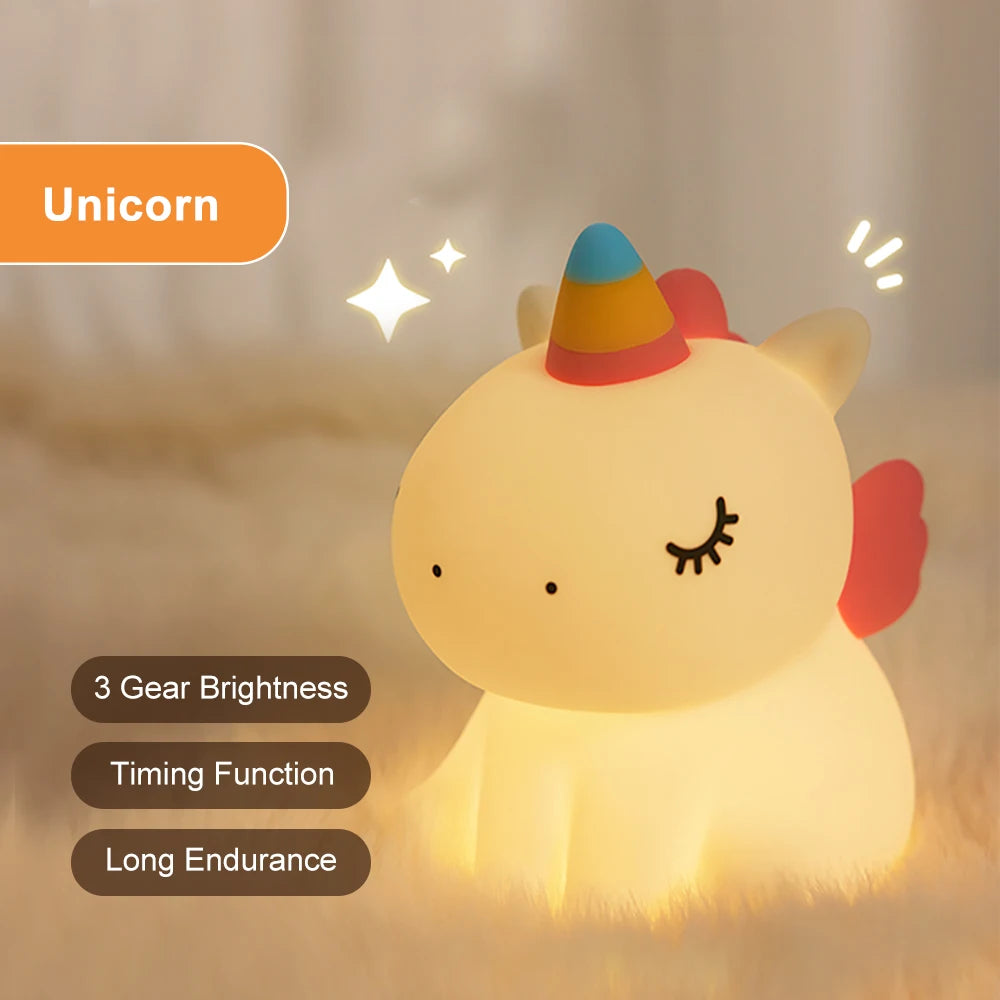 Unicorn Cute Silicone LED Night Light for Kids – USB Rechargeable Cartoon Animal Touch Lamp, Perfect Bedroom Décor & Gift