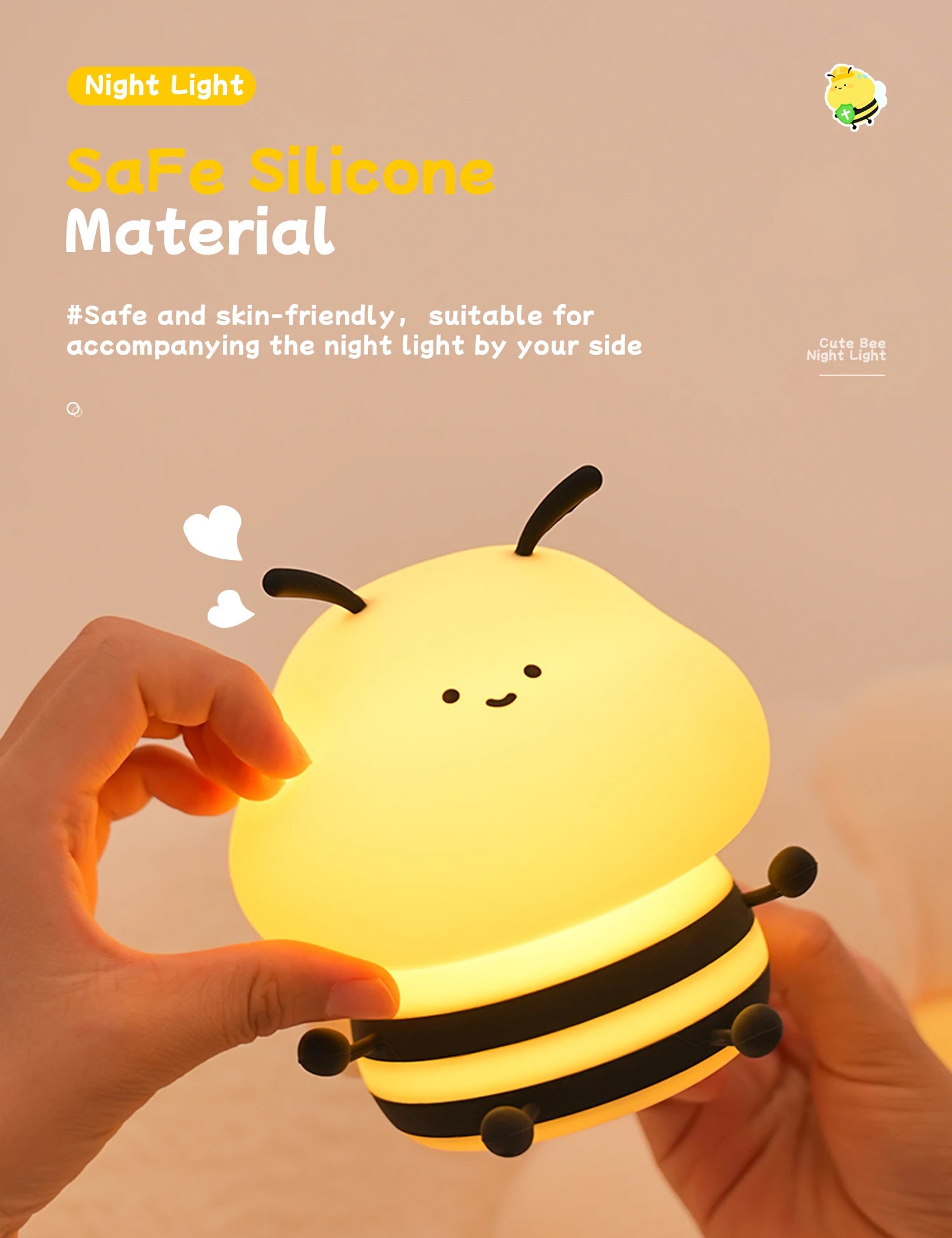 Long-Lasting Cute Bee LED Night Light | 120-Hour Battery, Silicone Touch Lamp for Kids & Décor