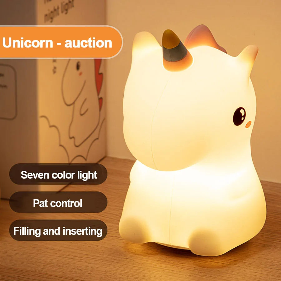 Unicorn Cute Silicone LED Night Light for Kids – USB Rechargeable Cartoon Animal Touch Lamp, Perfect Bedroom Décor & Gift
