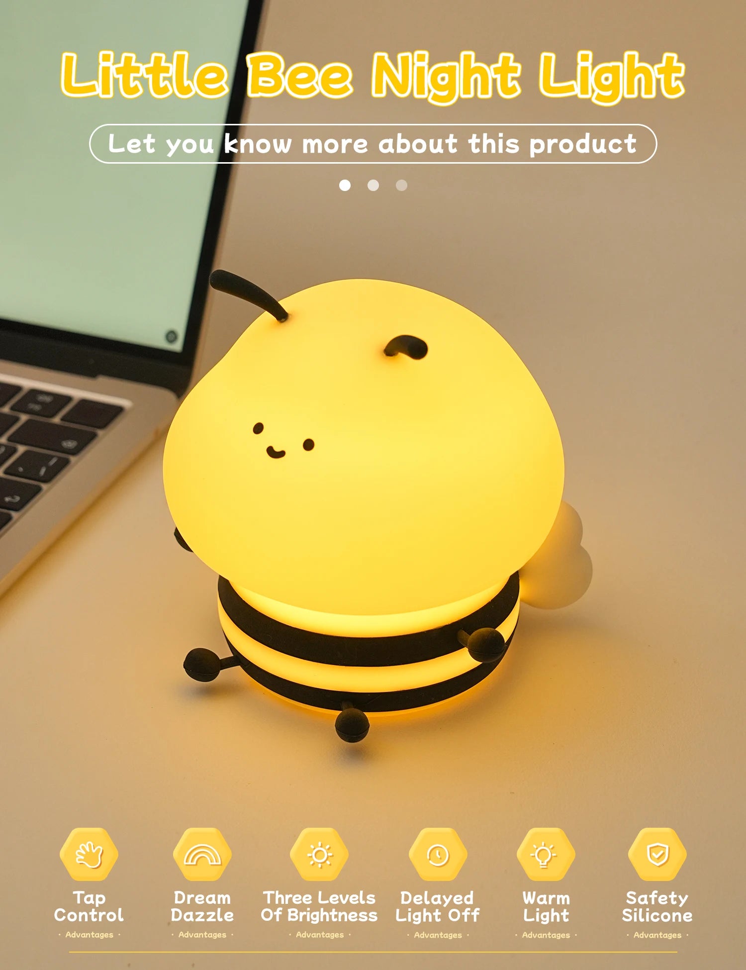 Long-Lasting Cute Bee LED Night Light | 120-Hour Battery, Silicone Touch Lamp for Kids & Décor