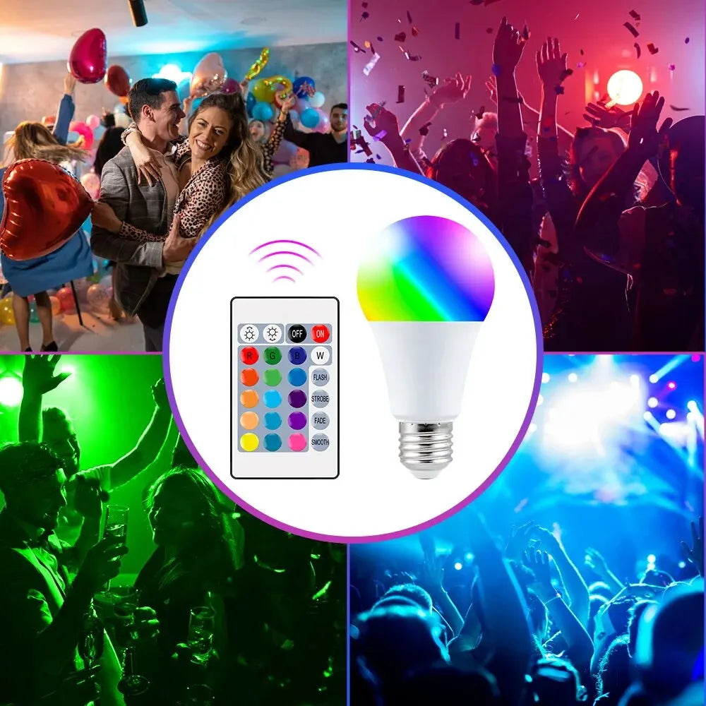 RGB LED Light Bulb with Remote Control – 16-Color Dimmable E27 Bulb for Home & Mood Lighting (220V)