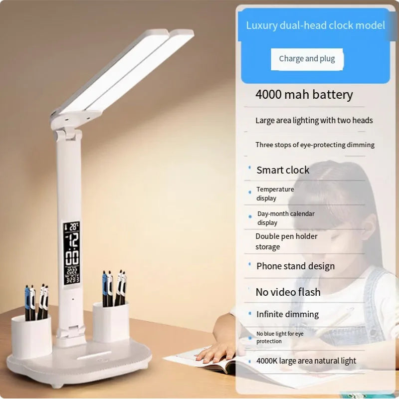 LED Clock Table Lamp – USB Rechargeable, Foldable, Dimmable Desk Lamp with Eye Protection, 2 Adjustable Heads