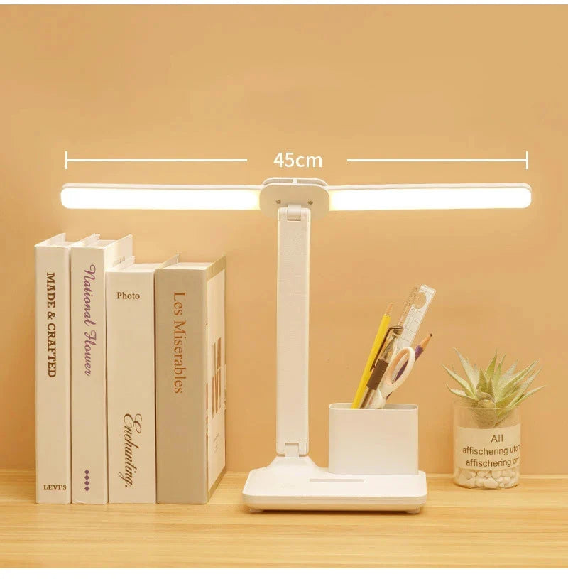 LED Clock Table Lamp – USB Rechargeable, Foldable, Dimmable Desk Lamp with Eye Protection, 2 Adjustable Heads