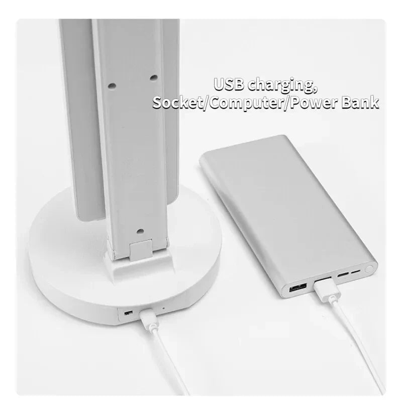 LED Clock Table Lamp – USB Rechargeable, Foldable, Dimmable Desk Lamp with Eye Protection, 2 Adjustable Heads