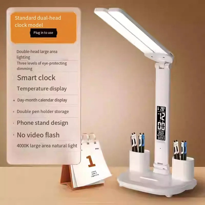 LED Clock Table Lamp – USB Rechargeable, Foldable, Dimmable Desk Lamp with Eye Protection, 2 Adjustable Heads