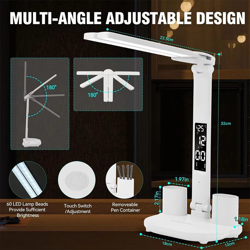 LED Clock Table Lamp – USB Rechargeable, Foldable, Dimmable Desk Lamp with Eye Protection, 2 Adjustable Heads